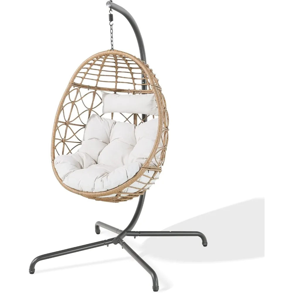 Swing Egg Chair with Stand - Indoor/Outdoor Wicker Rattan Hammock Chair with UV-Resistant Cushions - Patio Hanging