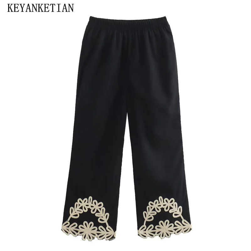 KEYANKETIAN 2024 New Bohemian Holiday wind Applique Embroidery Decoration Casual pants Women Elastic Waist Straight Ninth Pants