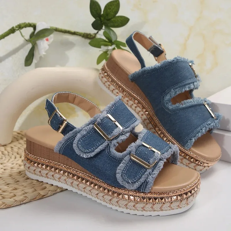 Women Wedge Sandals Summer Beach Slippers Double Buckle Non-slip Clogs Slides Women Flip Flop Platform Sandals Denim Female