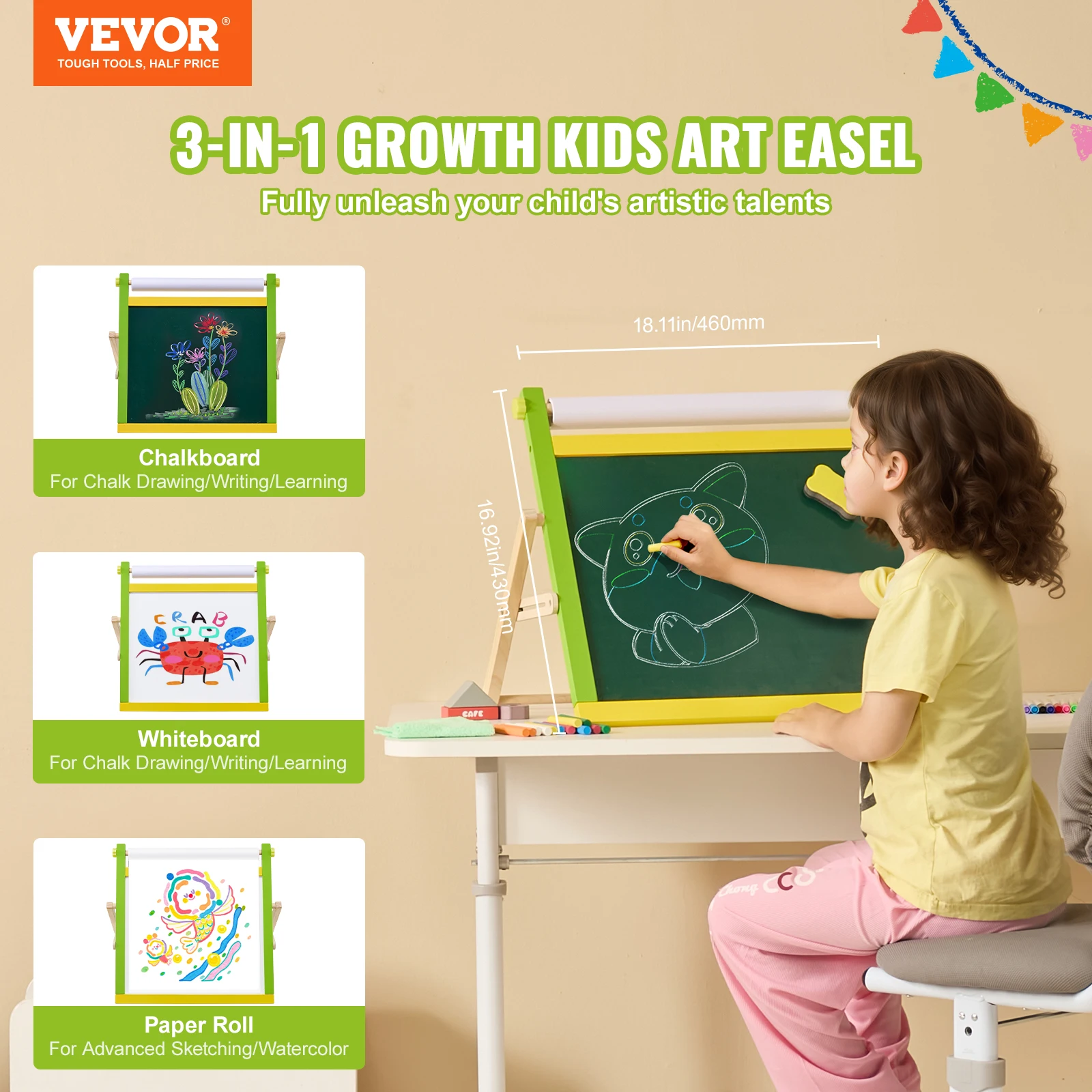 VEVOR Children Magnetic Drawing Board 3-in-1 Double-Sided Wooden Kids Art Easel with Painting Accessories for Boys Girls Toys