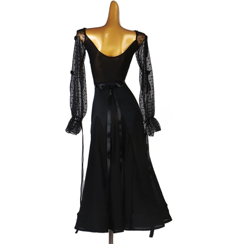 Wals Jurken Ballroom Dans Kostuum Dames Zwart Mesh Lantaarn Mouw Jurken Standaard Moderne Dansvoorstelling Outfit Rood 3592