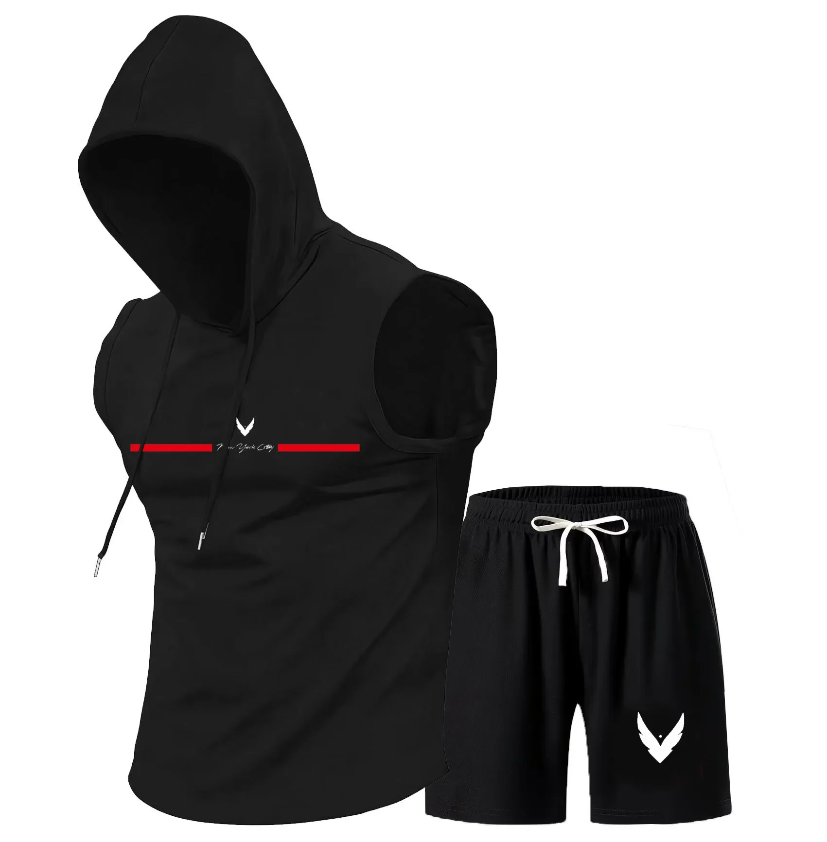 Men's hooded vest set, sleeveless hooded T-shirt, vest and shorts set, summer sports, gym training, outdoor sports and leisure
