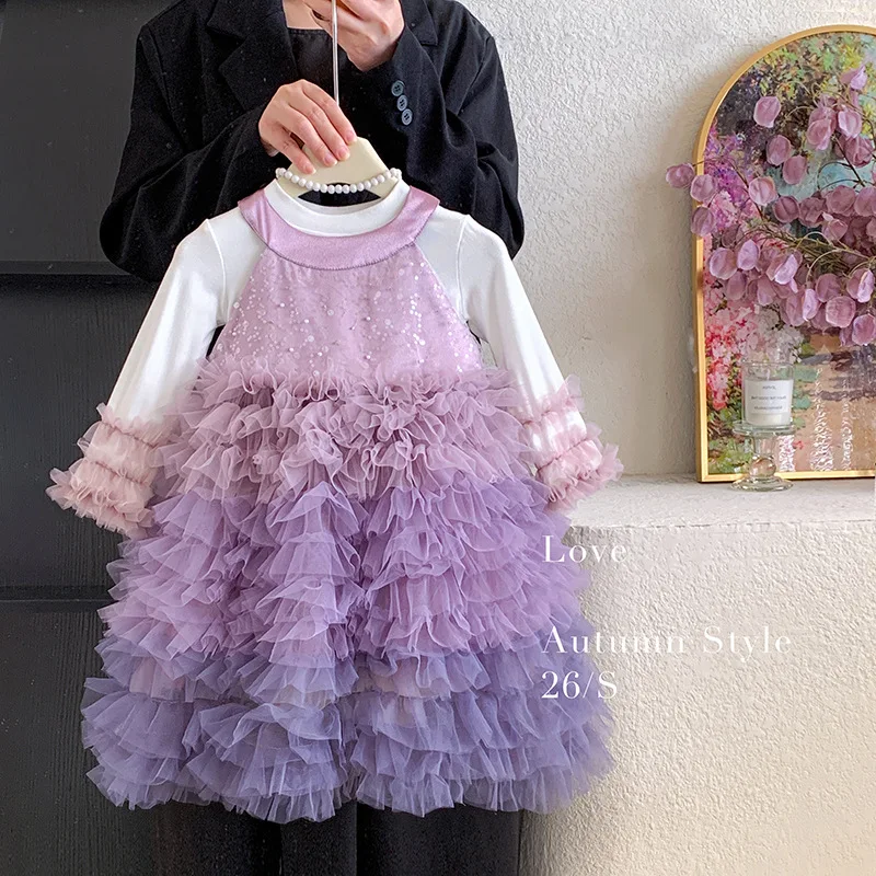 Girls' sequin neck hanging set 2026 Spring and Autumn new sweet beauty baby fluffy princess gauze skirt two-piece set
