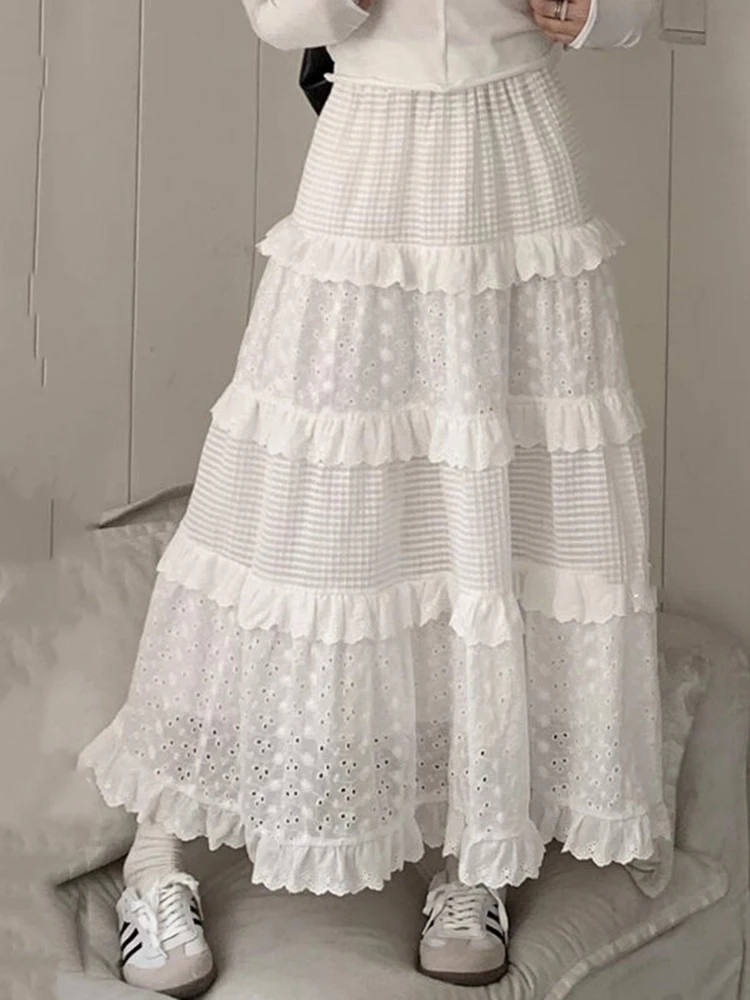 Jmprs Elegant Korean White Long Skirt Women Sweet Design Casual Skirts Fashion Preppy Style High Waist Female A Line Cake Skirt