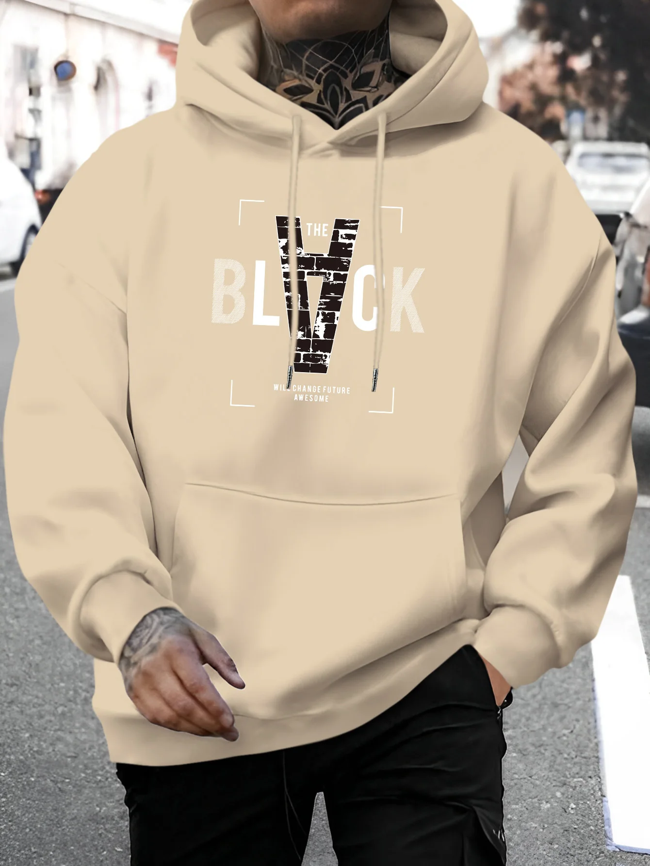 Men's New Personalized Black Letter Printing Casual Sweater Fashion Drawstring Hoodie Autumn and Winter Top Comfortable Versatile Long-sleeved Hooded Sweater [Niuwang Selection]
