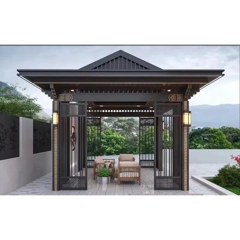 Aluminum Outdoor Gazebo with Waterproof Sliding Glass Doors Pergola Design Powder Coated Frame Natural Style for Balcony