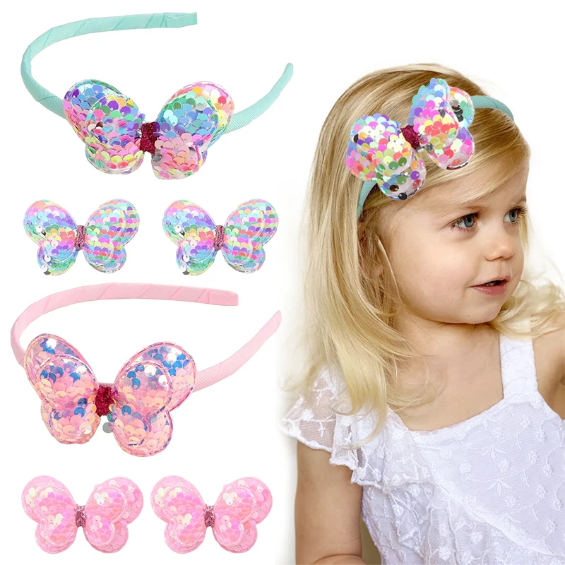 ncmama 3Pcs/set New Sequins Butterfly Hair Bands For Girl Cute Bow Hairpin Headband Children Hair Hoop Headwear Hair Accessories