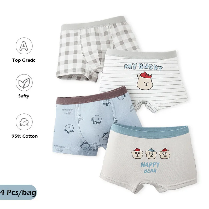 

4pcs/pack Childrens' Underwear 95% Cotton Fabric Boys' Boxers Baby Briefs Panties Cartoon Bear Pattern Shorts Underpants