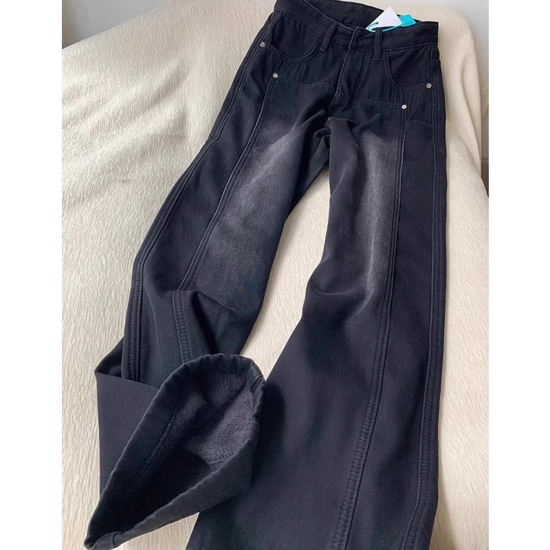 Jeans foderati in pile da donna vestibilità ampia Y2k moda peluche caldo pantaloni in denim a gamba larga a vita alta pantaloni svasati vintage retrò