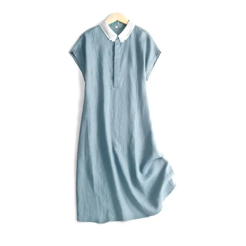 قميص بياقة أطفال على طراز الغابة فستان طويل من القطن والكتان بأكمام قصيرة