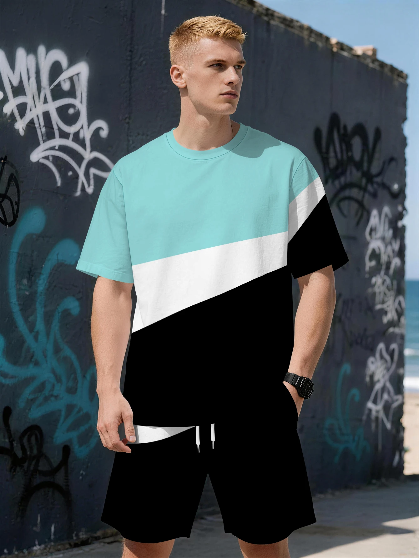 

2026 Summer New Men's Short-Sleeved Set with 3D Patterned Print for Street Casual Fashion Comfortable and Soft