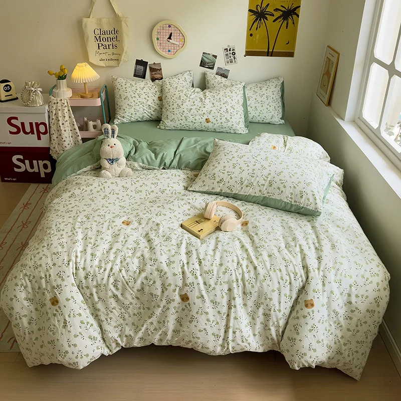 

Korean Retro Floral Bedding Set 100% Washed Cotton Bed Sheets Set Soft Duvet Cover Bed Linen Pillowcase Single Double Queen King