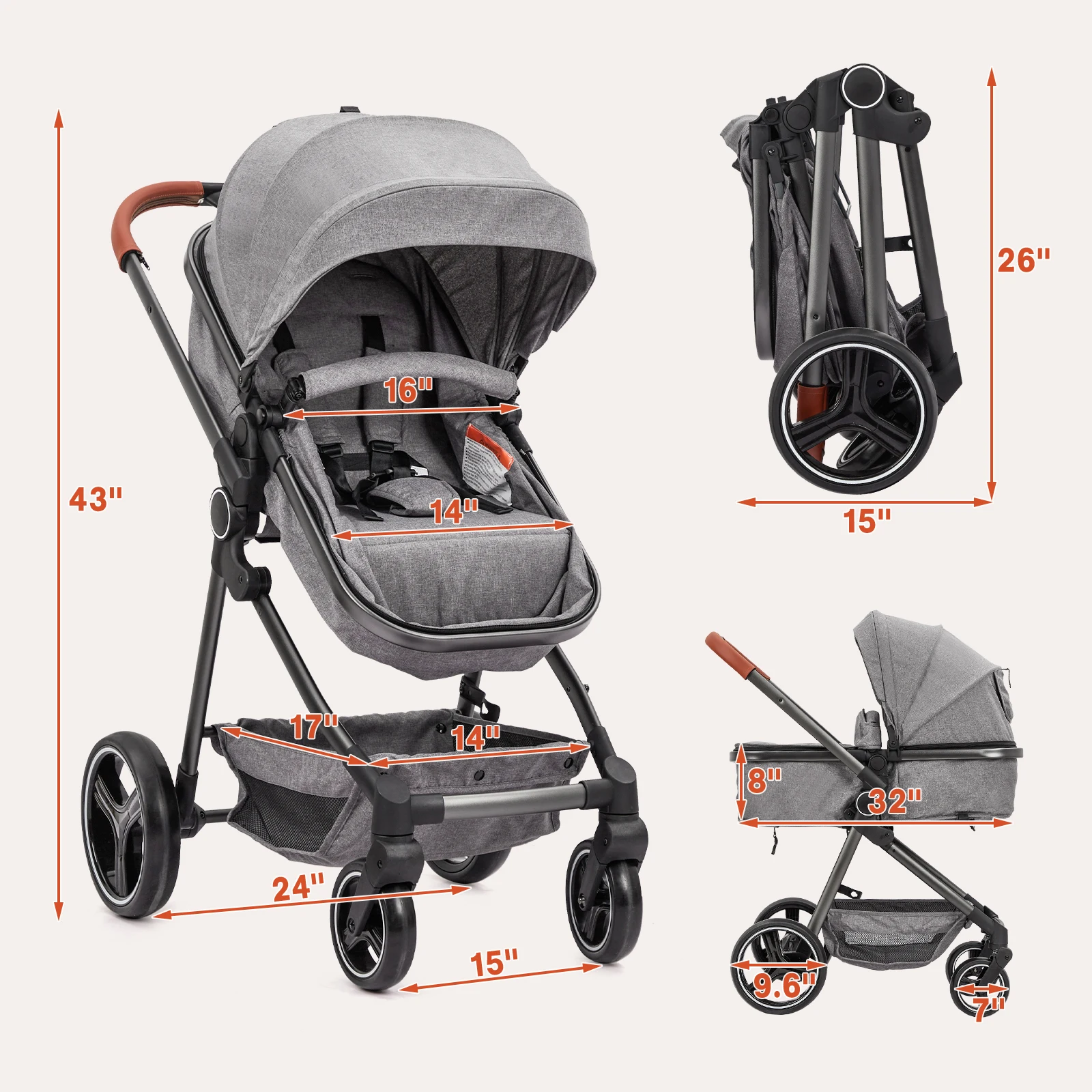 2 in 1 High Landscape Convertible Baby Stroller, Foldable Pushchair, Newborn Reversible Bassinet Pram with Adjustable Canopy