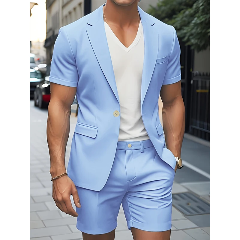Two-piece Set Suit Men's Summer Casual Suit Short Sleeve Blazer Jacket 5 Inch Shorts Dress Beach Wedding Smart Casual Occasions