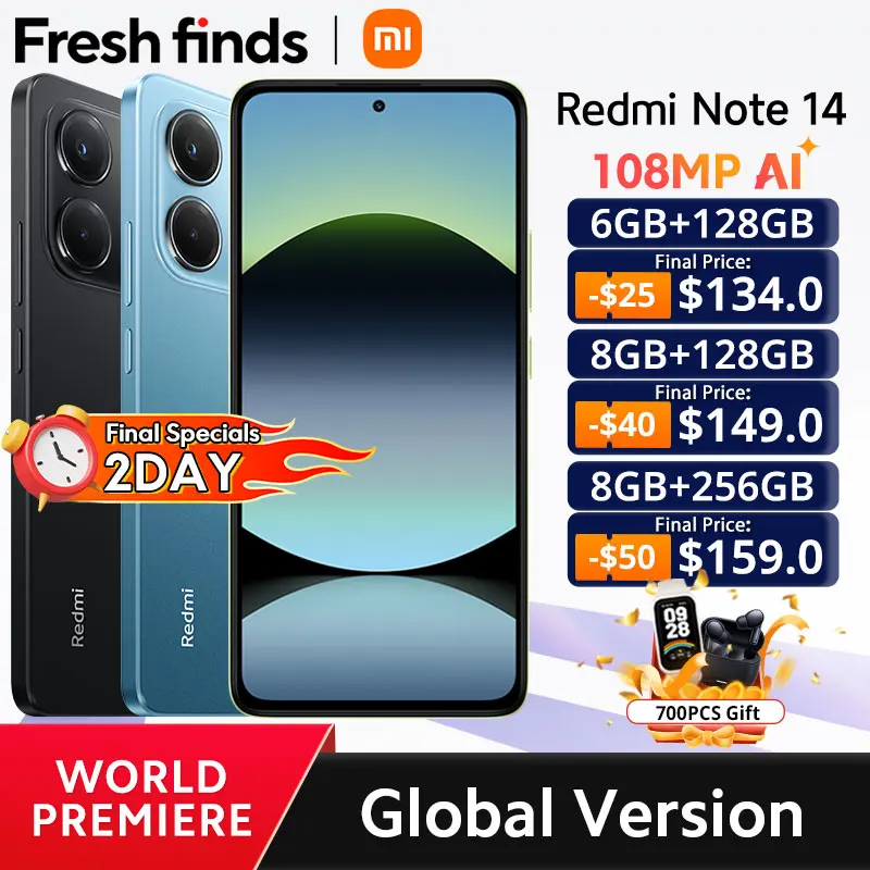 【World Premiere】Global Version Xiaomi Redmi Note 14 MediaTek Helio G99-Ultra 108MP AI Camera 5500mAh 6.67