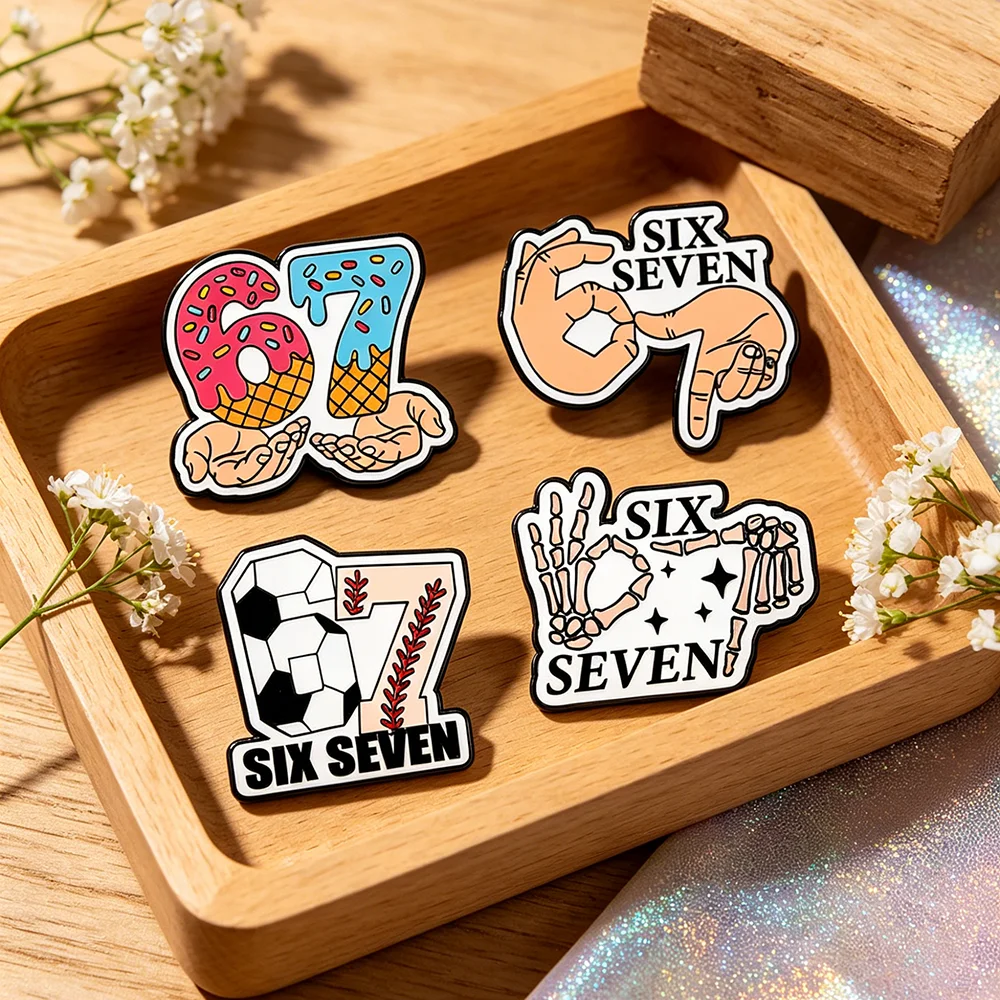 4Pcs Six Seven 67 Enamel Pins Set, Funny Hand Gesture Cartoon Metal Lapel Brooches Creative Number Graphic Badges Fun Gift
