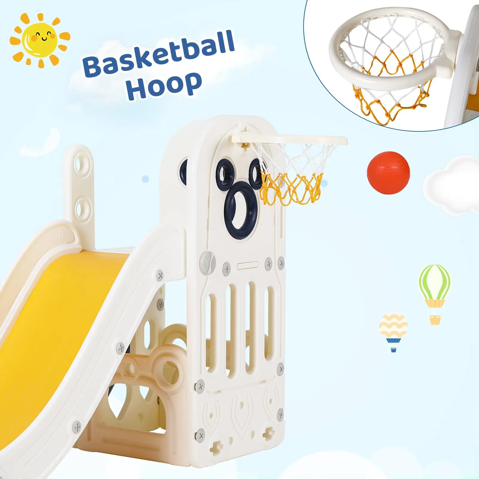 6 in 1 Toddler Slide Playset, Sturdy L-Shaped Climber with Basketball Hoop Indoor Outdoor Playground for Kids,Baby Activity Center view 4
