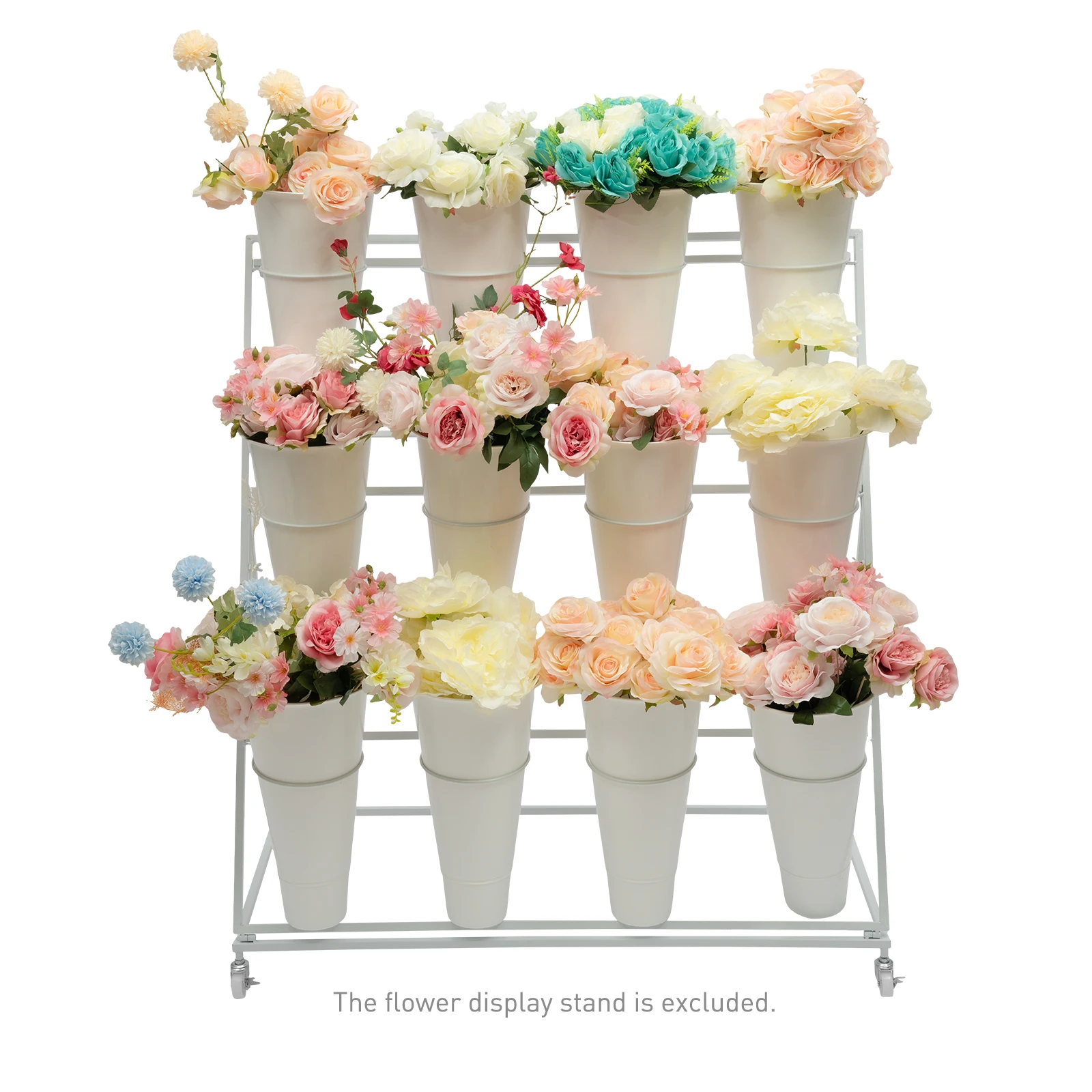 Three-layers Flower Display Stand Metal Plant Stand Flower Display Shelf Garden Balcony/Wheels+12 Buckets White