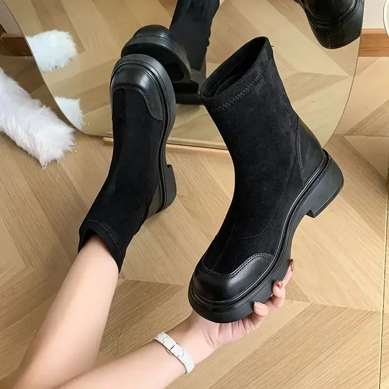 Women's Ankle Boots Chunky Elegant With Medium Heels Platform Round Toe Female Short Shoes Sale On Promotion Pu Y2k Goth Booties