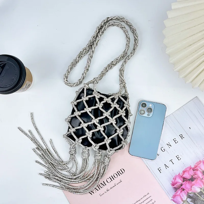 Fashionable Woven Mesh Handbag Women's Shoulder Crossbody Bag Tassel Bucket Bag Elegant Dinner Clutch Bag Ladies Purse
