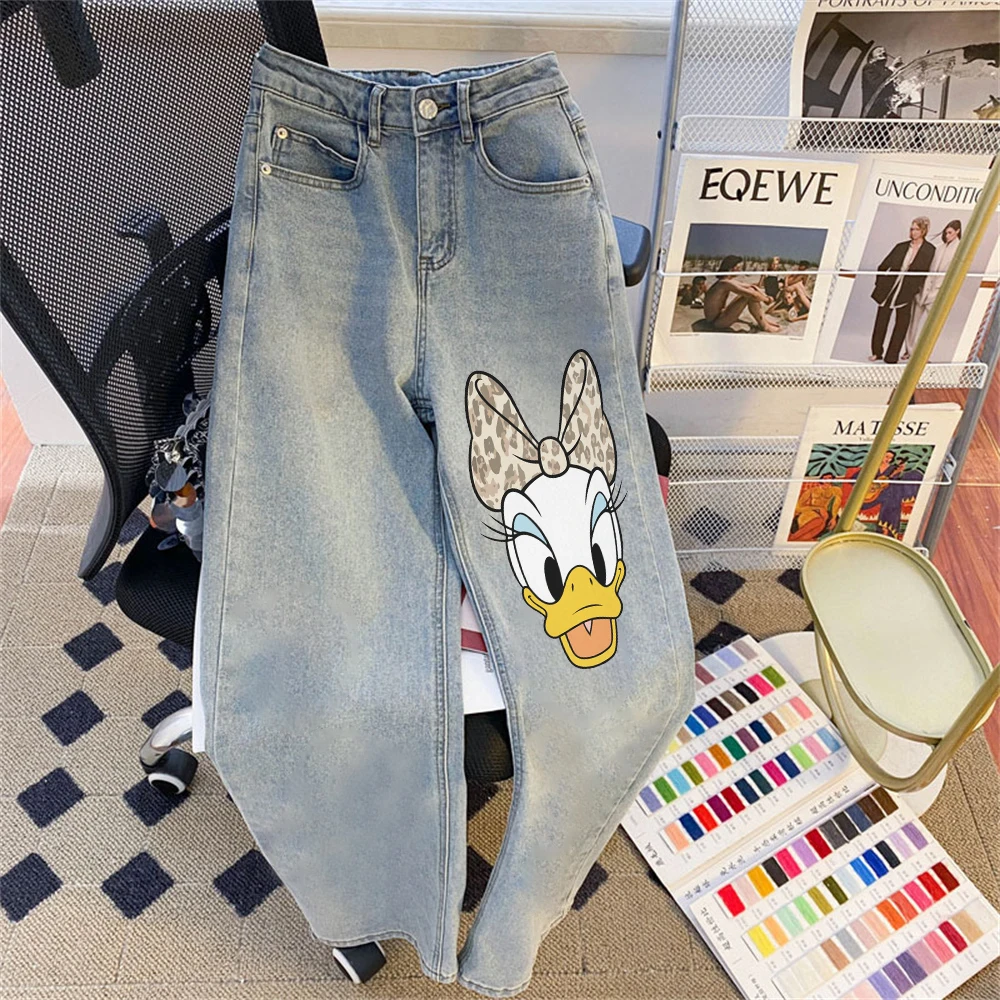 

Retro American Washed Blue Jeans Straight Leg Pants Men Women Summer Design Cartoon Print Wide Leg Pants Casual Loose Fit