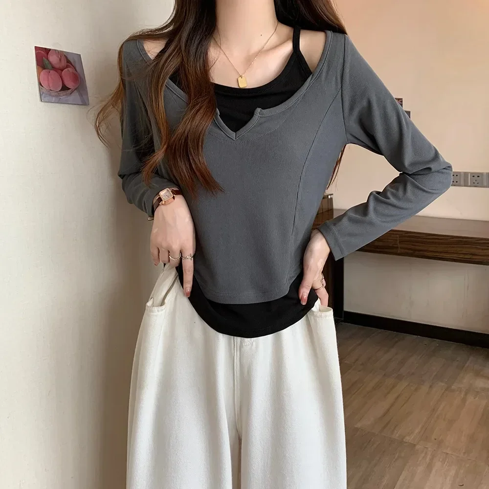 women clothing Fake Two Pieces Long sleeves Shirt Top Autumn New Chubby Girl Versatile Design Bottoming E4936