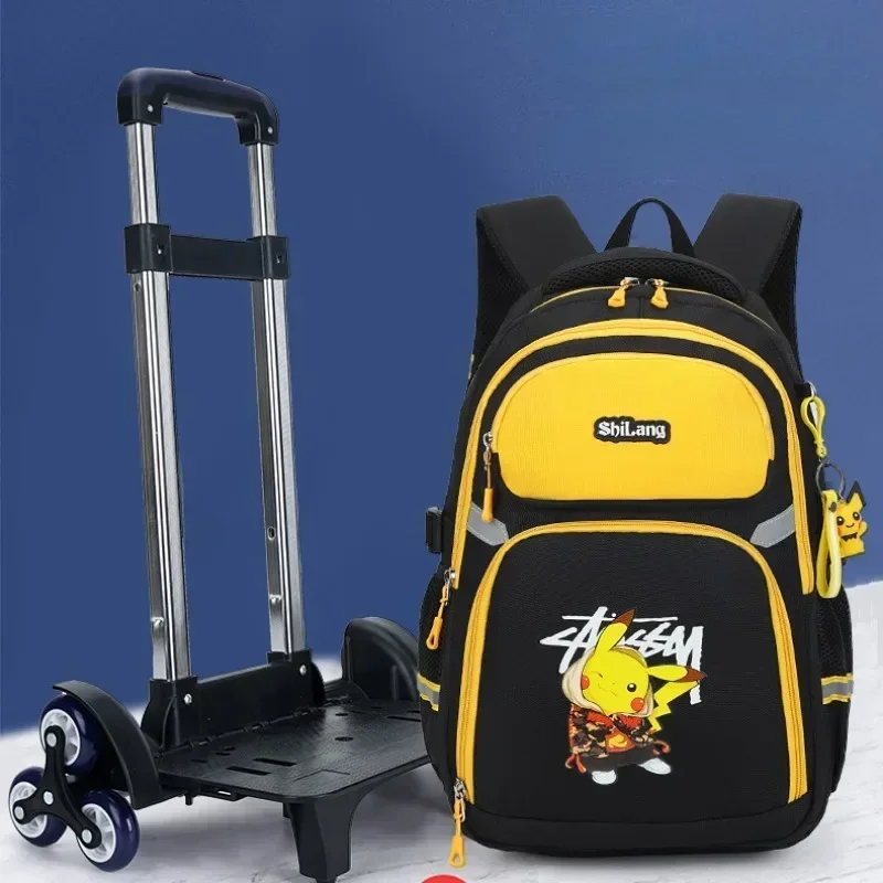 MINISO Pokemon Pikachu Kids Boys School Bag TwoWheel Six- Wheel Trolley Backpack Student Insulatedtrolley Bag