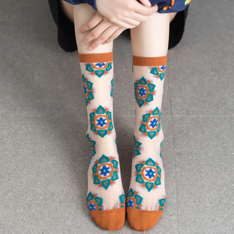 Glass Silk Socks Women Summer Ultra-thin Transparent Crystal Silk Socks Breathable Harajuku Retro Embroidery Elastic Long Socks