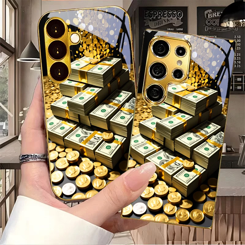 Wealth Money Pile Art Electroplated Golden Phone Case For Samsung S26 Ultra S21 S22 FE S23 Plus S24 S25 20 Note 10 20 Back Cover