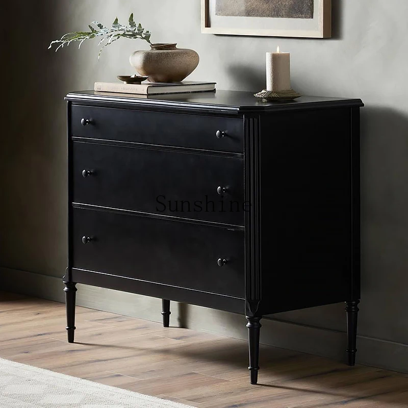 

French black solid wood porch cabinet, small apartment living room against the wall, dining side storage side cabinet