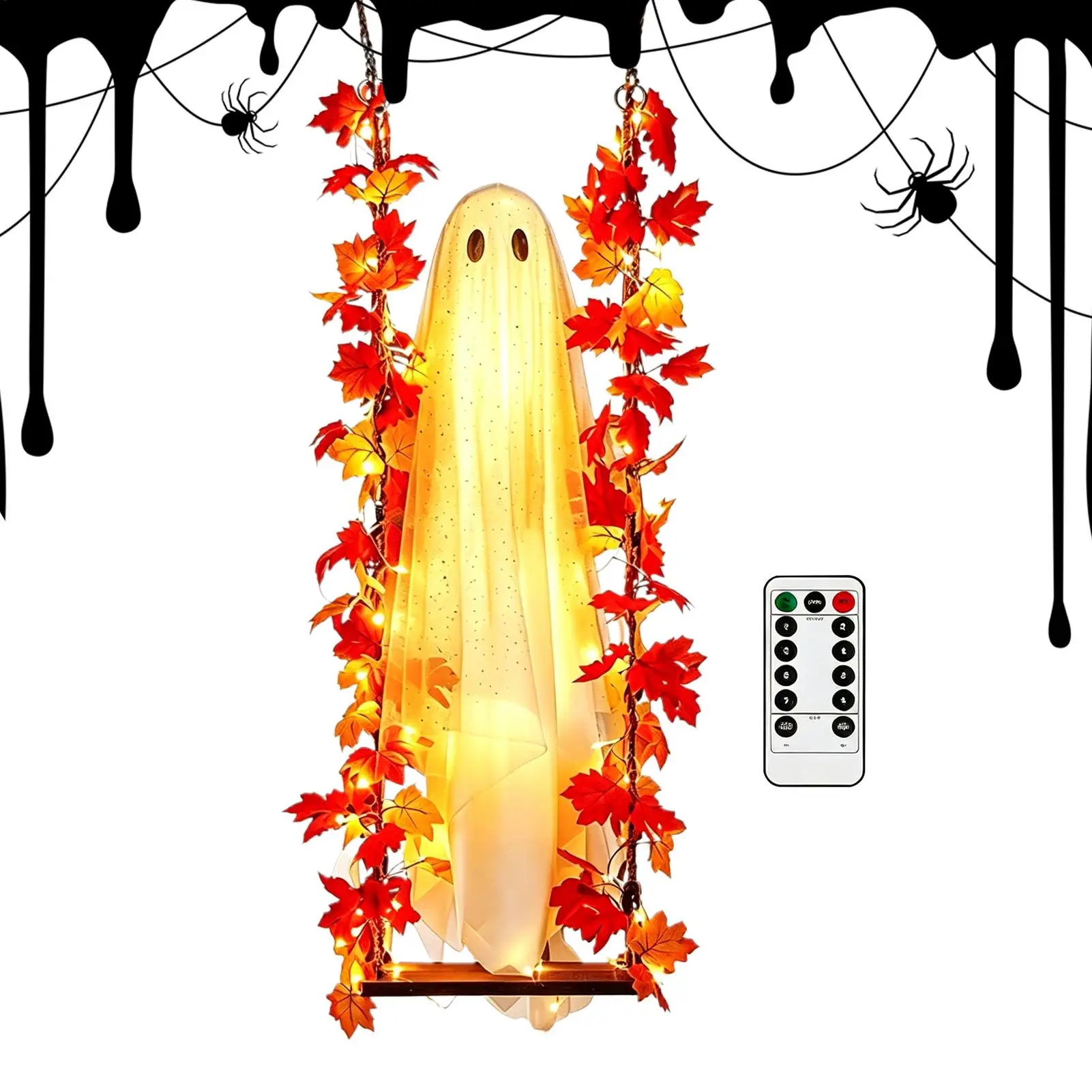Image of Schwingender Geist als Außendekoration, großer hängender Geist mit Lichterkette für Veranda, Garten, Terrasse, Halloween-Party-Zubehör