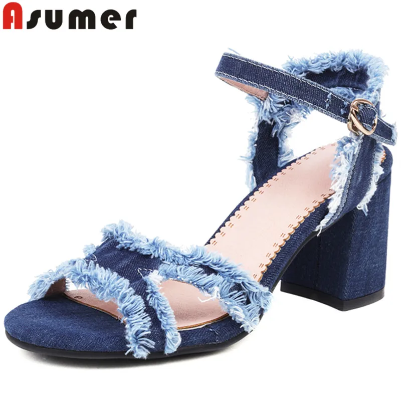 

Женские джинсовые босоножки ASUMER, однотонные босоножки на высоком квадратном каблуке, с пряжкой, Размеры 33-43, лето 2022