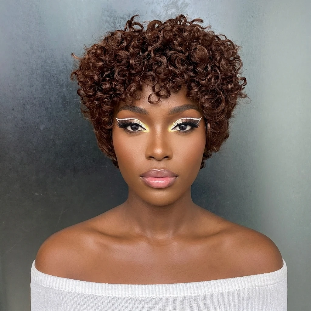

Short Pixie #4 Brown Color Afro Kinky Curly Wig with Bangs Remy Human Hair Machine Made Wig
