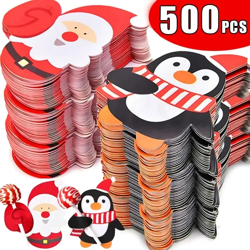 Christmas Lollipop Paper Cards Cartoon Santa Claus Penguin Snowman Kids Candy Gifts Package bag Wrapping New Year Party