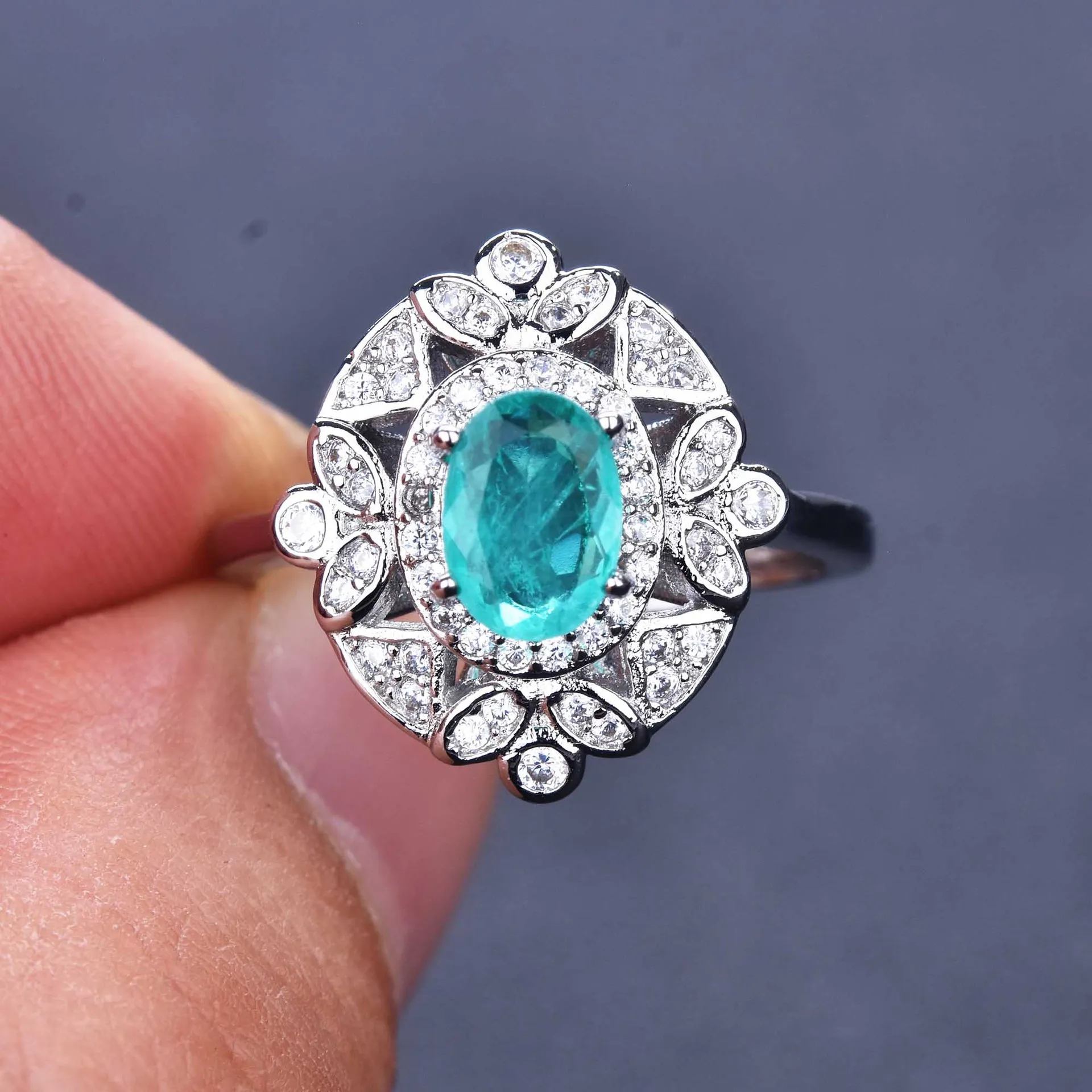 Luxury Geometric Shapes Paraiba Tourmaline Gemstone  Silver Color Women\'s Ring Temperament Ladies Trendy Vintage Jewelry