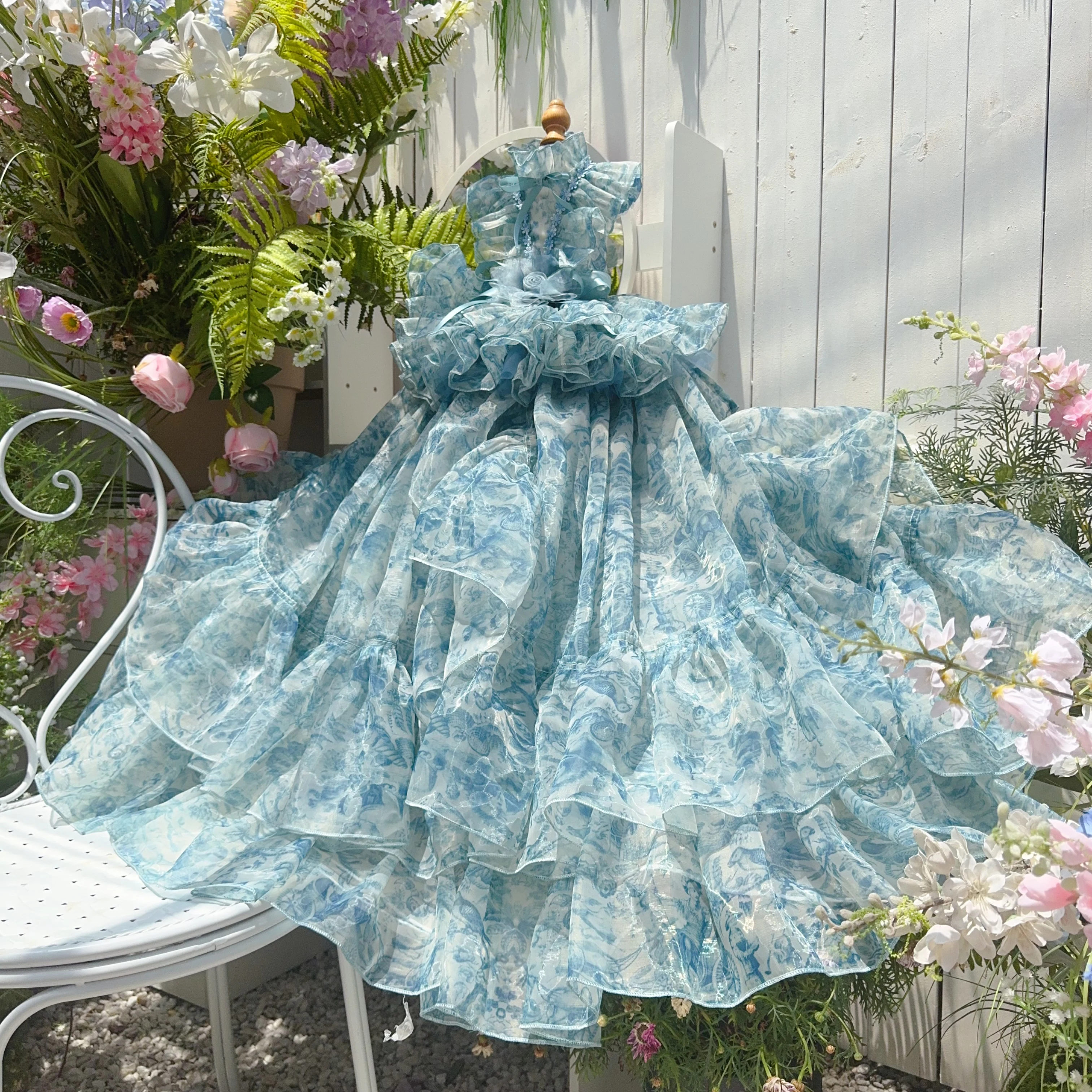

High-end Luxury Pet Clothes France Style Romantic Print Long Tail Blue Princess Dress For Small Medium Dog Handmade Dog Outfits