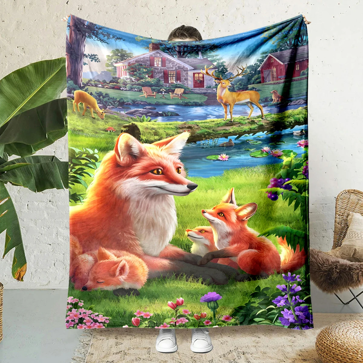 

Фланелевое одеяло House in the Woods с рисунком лисы — кровать, диван, офис, путешествие, подарок, украшение, стул, удобное и теплое