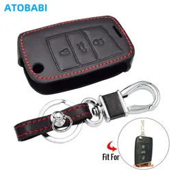 Leather Car Key Case For VW Volkswagen Golf MK7 Jetta Beetle GTI EOS Seat Leon Skoda Octavia 3 Buttons Folding Remote Fobs Cover