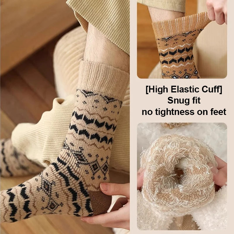 Fair Isle Mid Calf Socks Unisex Winter Thermal Thick Crew Socks Retro Jacquard Couple Soft Vintage Pattern Sleep Floor Socks