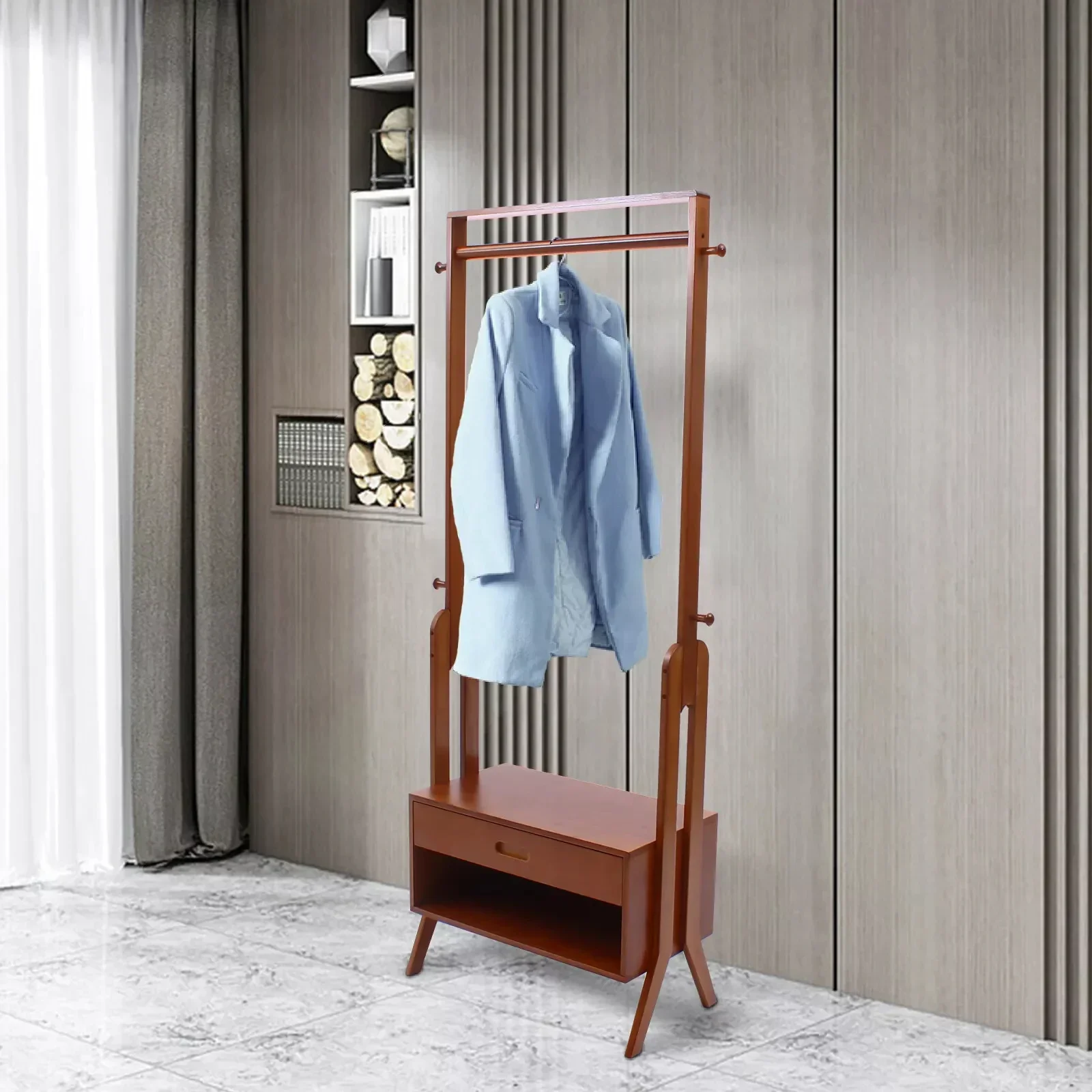 

60 Long Hanging Hanger with Seat 2 in 1 Bamboo Hanger Closet Organizer for Bathroom Shower Kitchen Balcony, Toilet with 4 Hooks
