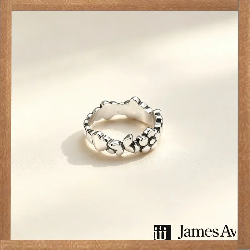 2027 Collection S925 Silver Floral Heart Finger Ring, Oxidized Retro Finish, Connected Heart And Flower Sculpture, Adjustable Opening, Lovely Women Daily Jewelry Accessory