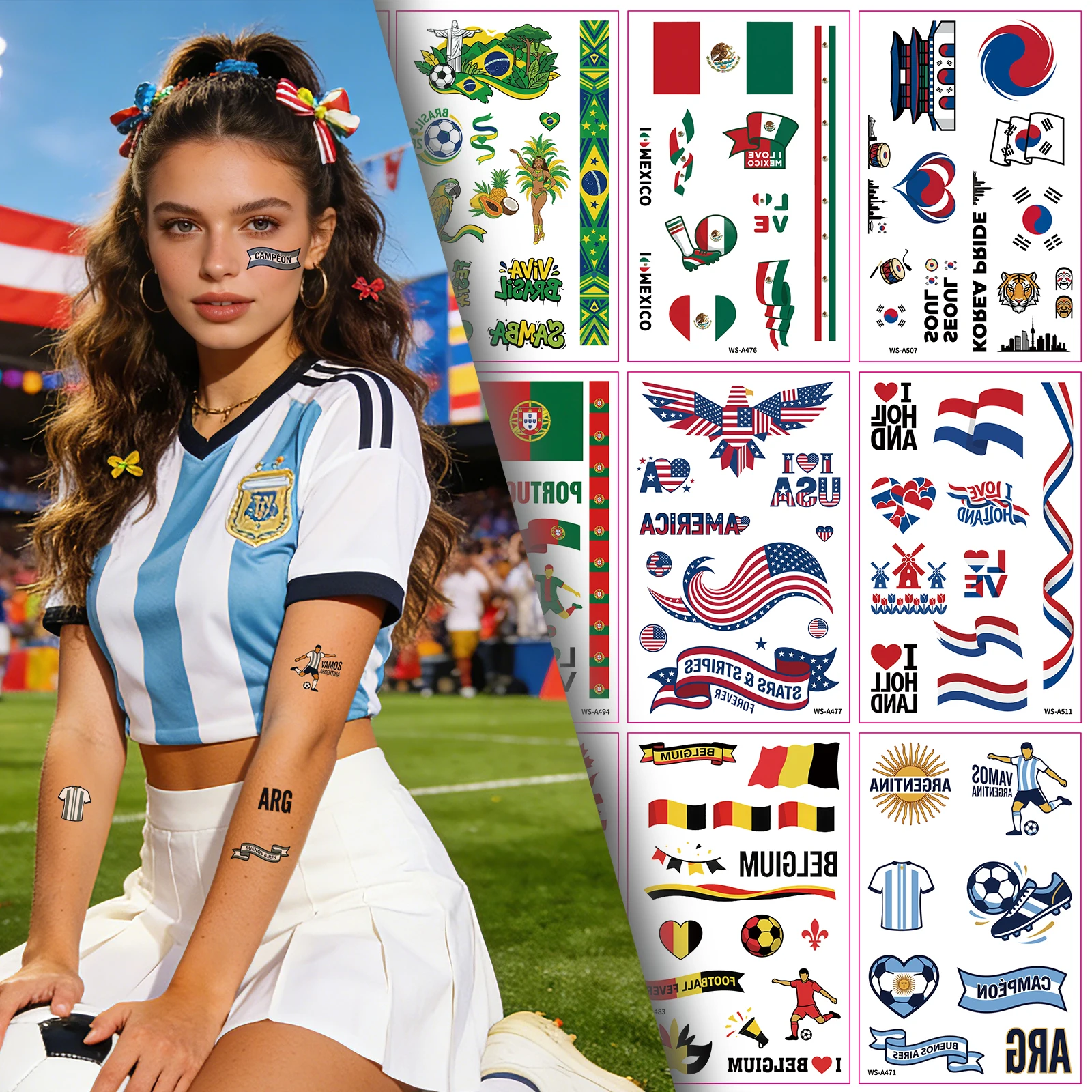 

1 Sheet Football Temporary Tattoo Stickers Face Body Art Waterproof for Soccer Fans Tournament Match Day Party Supplies