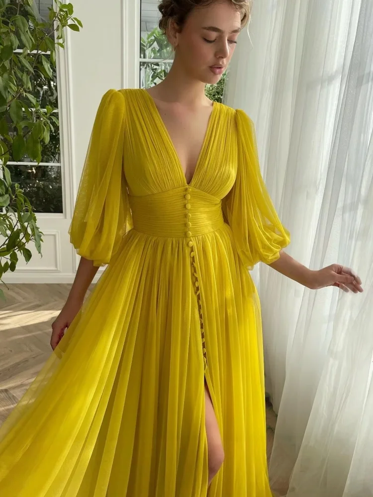 Ladies Yellow A Line Evening Dresses Deep V Puff Half Sleeve Tulle Side Slit Button Detail Floor Length Party Dresses For Women