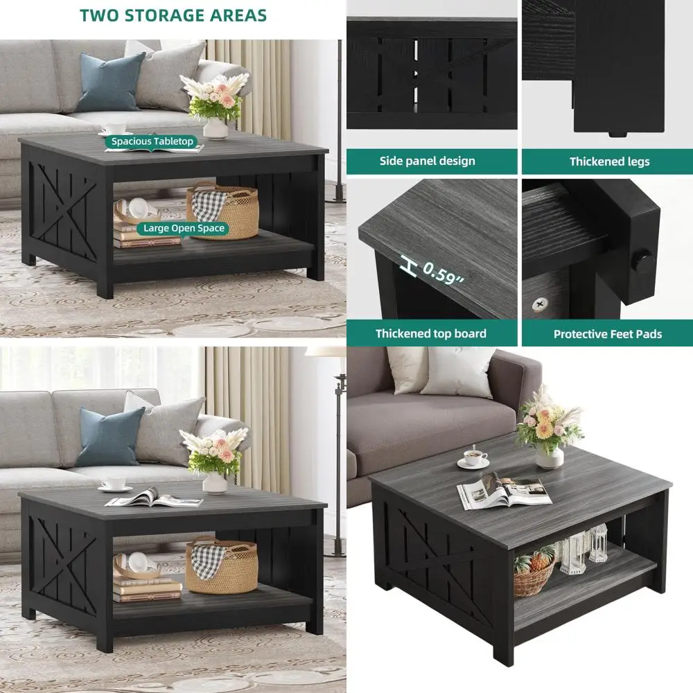 

Rustic Farmhouse Storage Coffee Table, Square Wood Cocktail Table with Half Open Shelf, Grey & Black for Living Room