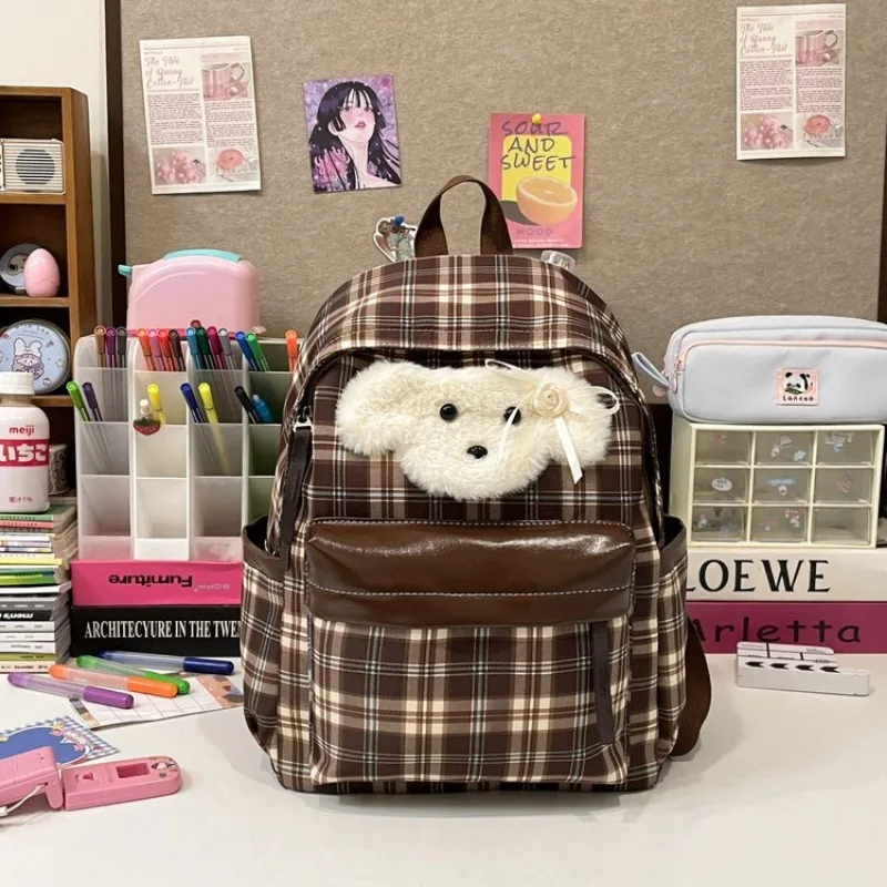 

Richme Maillard Plaid Women Backpacks Fashion Fluffy Dog Patchwork Large Capacity Bolso Mujer Harajuku Aesthetic Y2K Mochilas