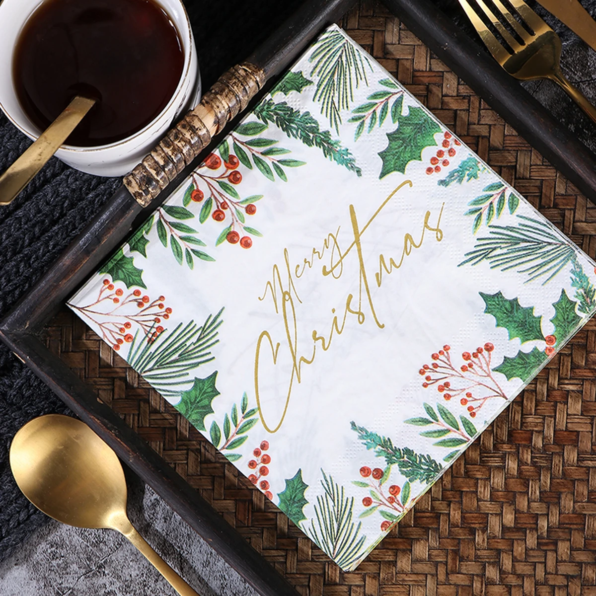 Christmas Paper Napkins Merry Christmas Holly Berry Leaf Disposable Decorative Paper Napkins For Xmas Dinner Table Party Decor - view 6