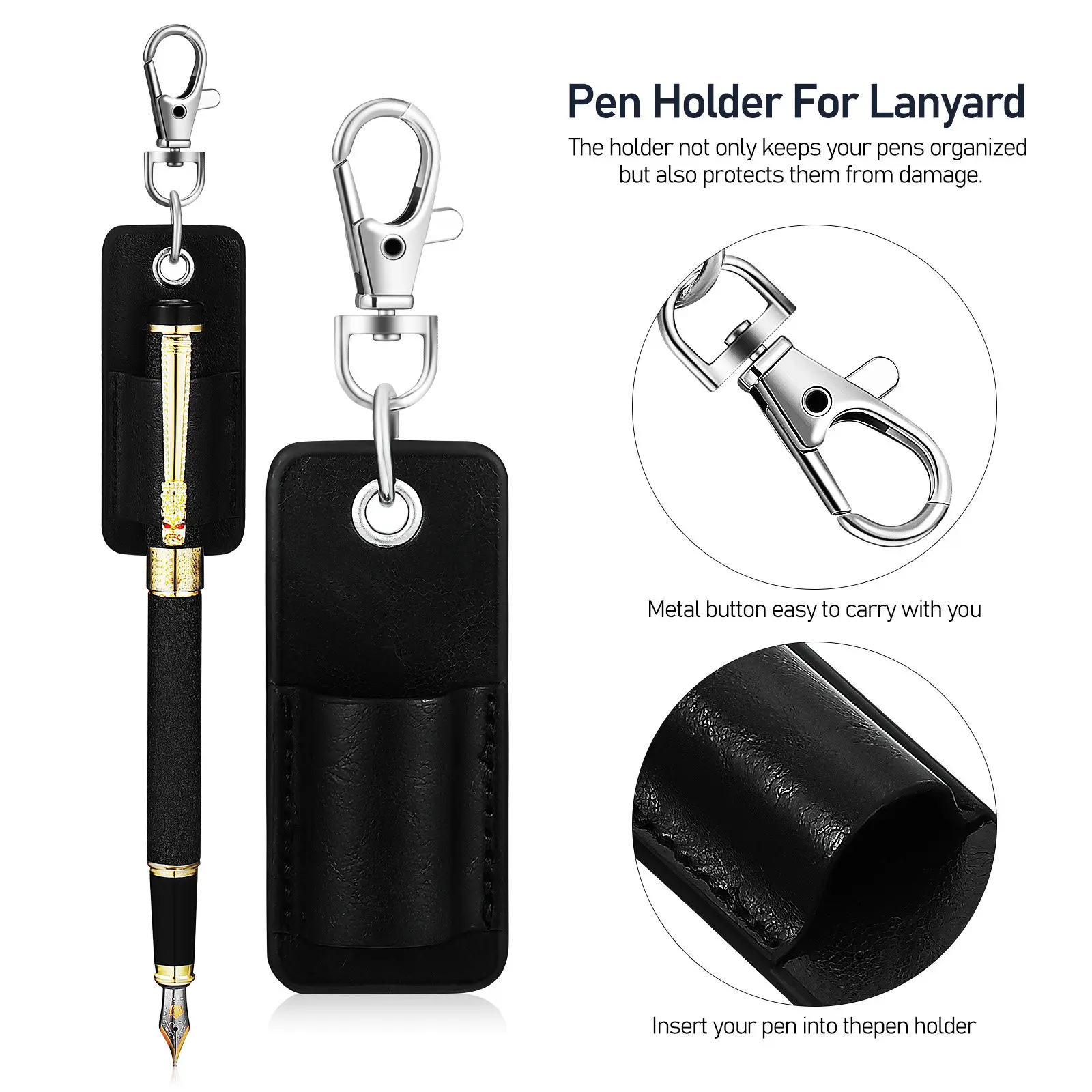 4Pcs Lanyard Pen Holder PU Pocket Protector for Pens Pencils Markers Keychain Clip-on Secure Storage Organizer