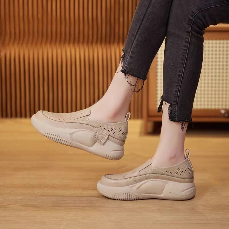 New Summer Thick Sole Small White Shoes for Women Female Hollow Out Loafers Round Toe Fitting Single Shoe and Soft Sole 2026