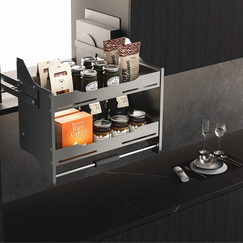 Stainless Steel Pantry Cabinet Hydraulic Modular Kitchen Pull Out Elevator Lift Basket Kitchen Pull Down Baskets