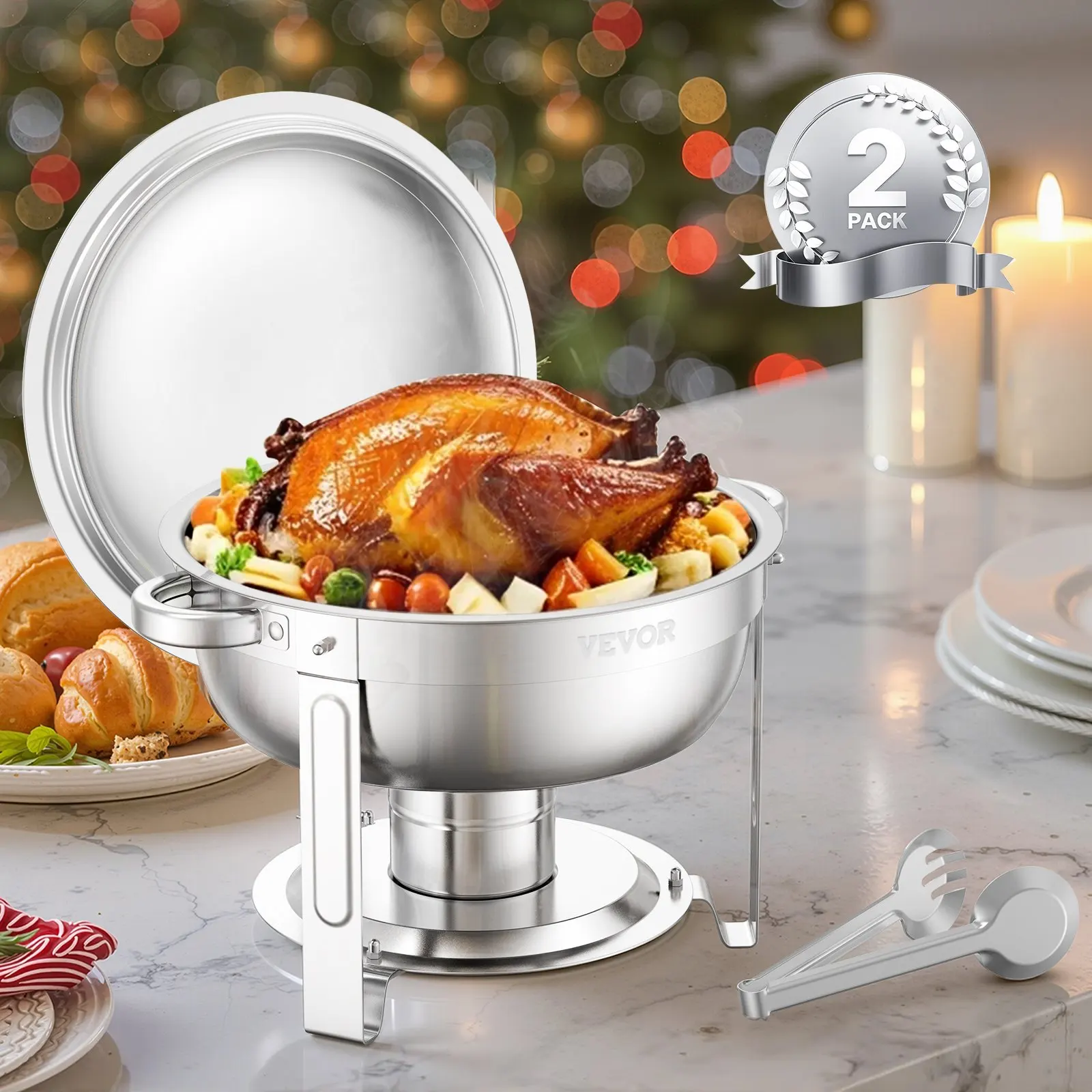 

5 Qt 2 Pack Round Chafing Dish Buffet Set Full-Size Pan Stainless Steel Silver